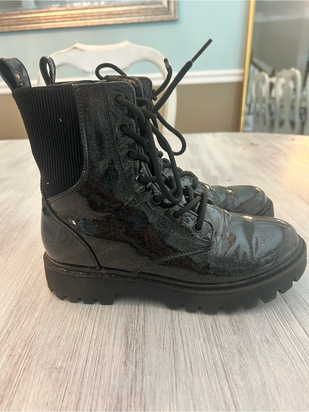 Art Class Black Glitter Combat Boots Girls Size 4 Lace-Up Lug Sole